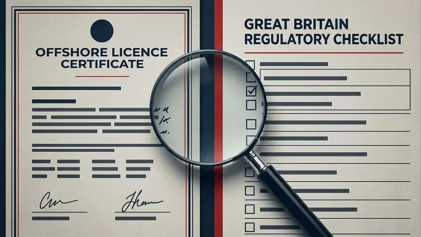 Editorial illustration comparing an offshore gaming licence certificate with Great Britain regulatory checks
