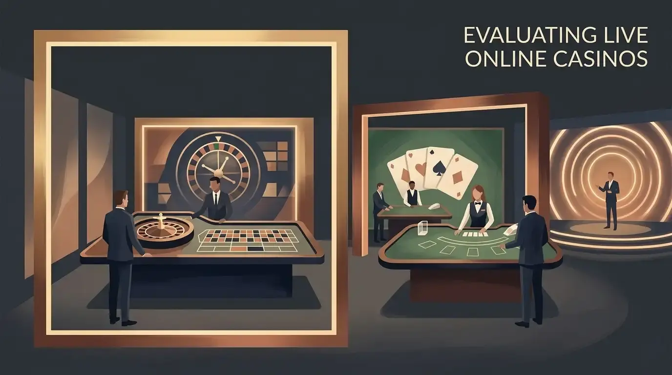 Editorial illustration of a live casino studio with generic roulette and card-table motifs