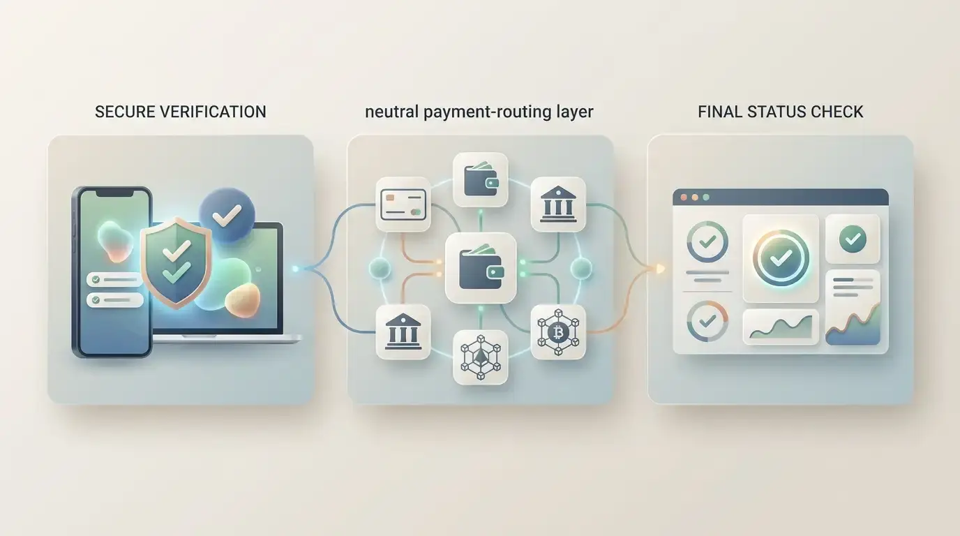 Editorial illustration of a secure withdrawal workflow with account verification, payment routing and status checks