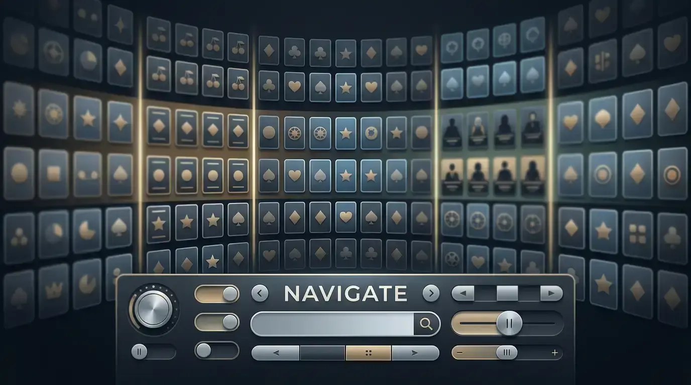 Editorial illustration of a large digital casino game library arranged as tiles and categories