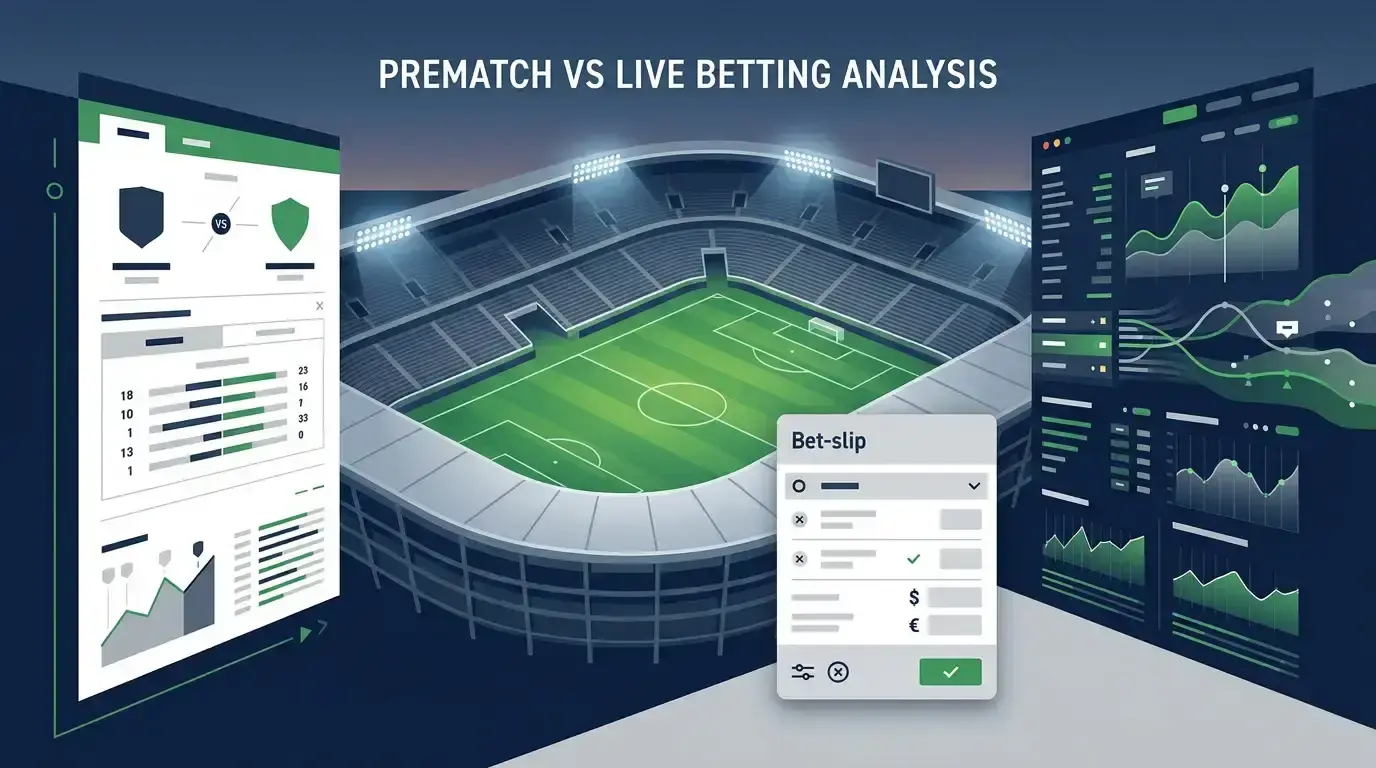 Editorial illustration of prematch and live sports betting analysis without branded betting interface
